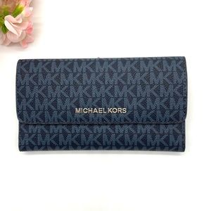 Michael Kors Jet Set Travel Lg Trifold Signature Wallet- Admiral/ Navy/ Silver